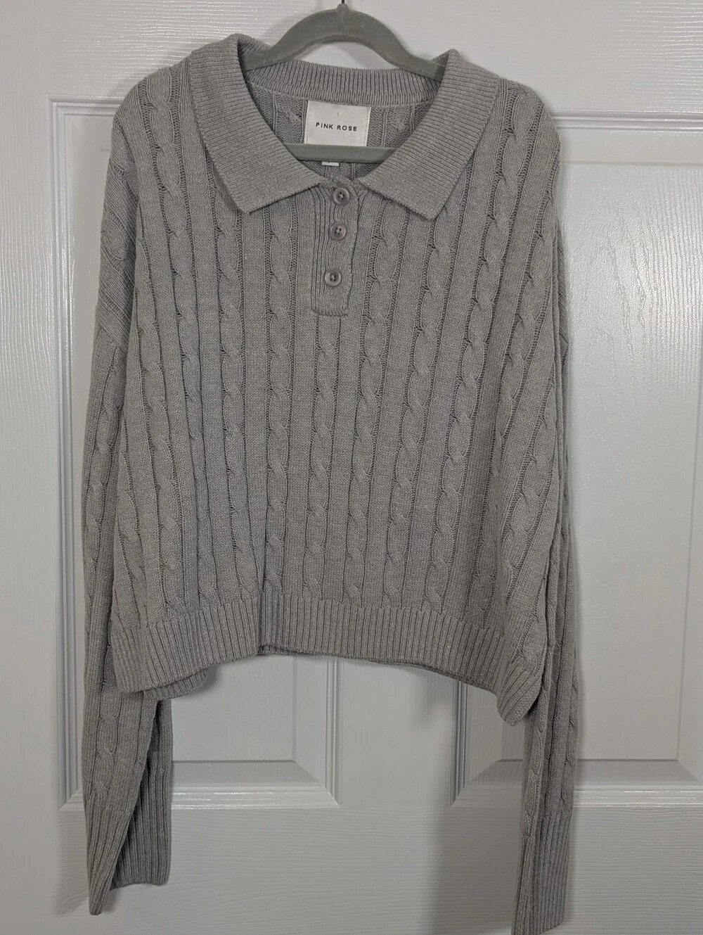 Pink Rose Cable Knit Polo Sweater – Light Heather Gray – Large – NWT